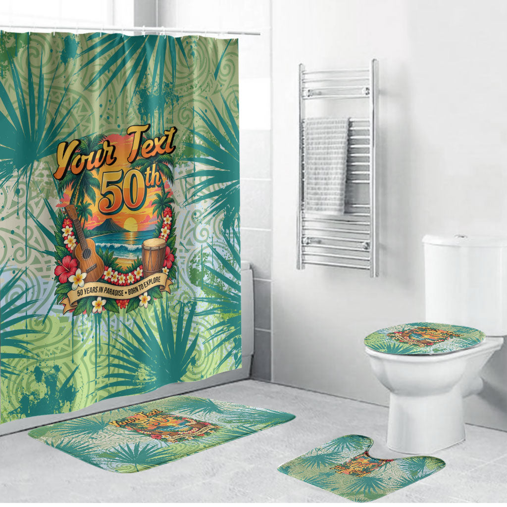 Personalized Polynesia 50th Birthday Bathroom Set Vintage Hawaiian Floral Ukulele Tropical Sunset Art