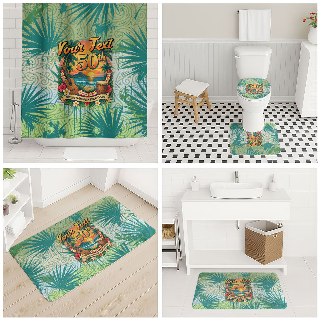 Personalized Polynesia 50th Birthday Bathroom Set Vintage Hawaiian Floral Ukulele Tropical Sunset Art