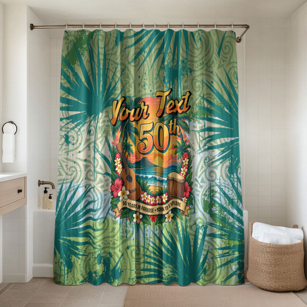 Personalized Polynesia 50th Birthday Bathroom Set Vintage Hawaiian Floral Ukulele Tropical Sunset Art