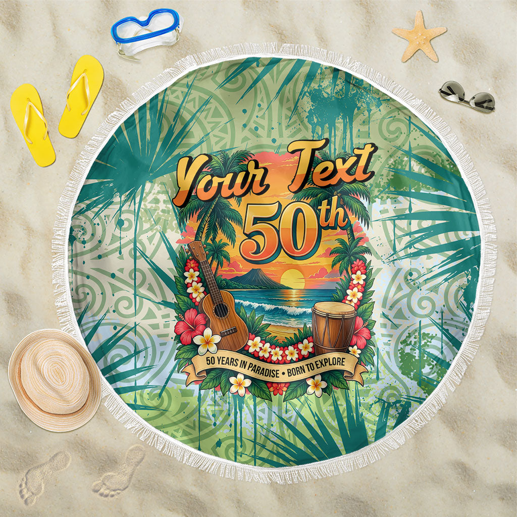 Personalized Polynesia 50th Birthday Beach Blanket Vintage Hawaiian Floral Ukulele Tropical Sunset Art