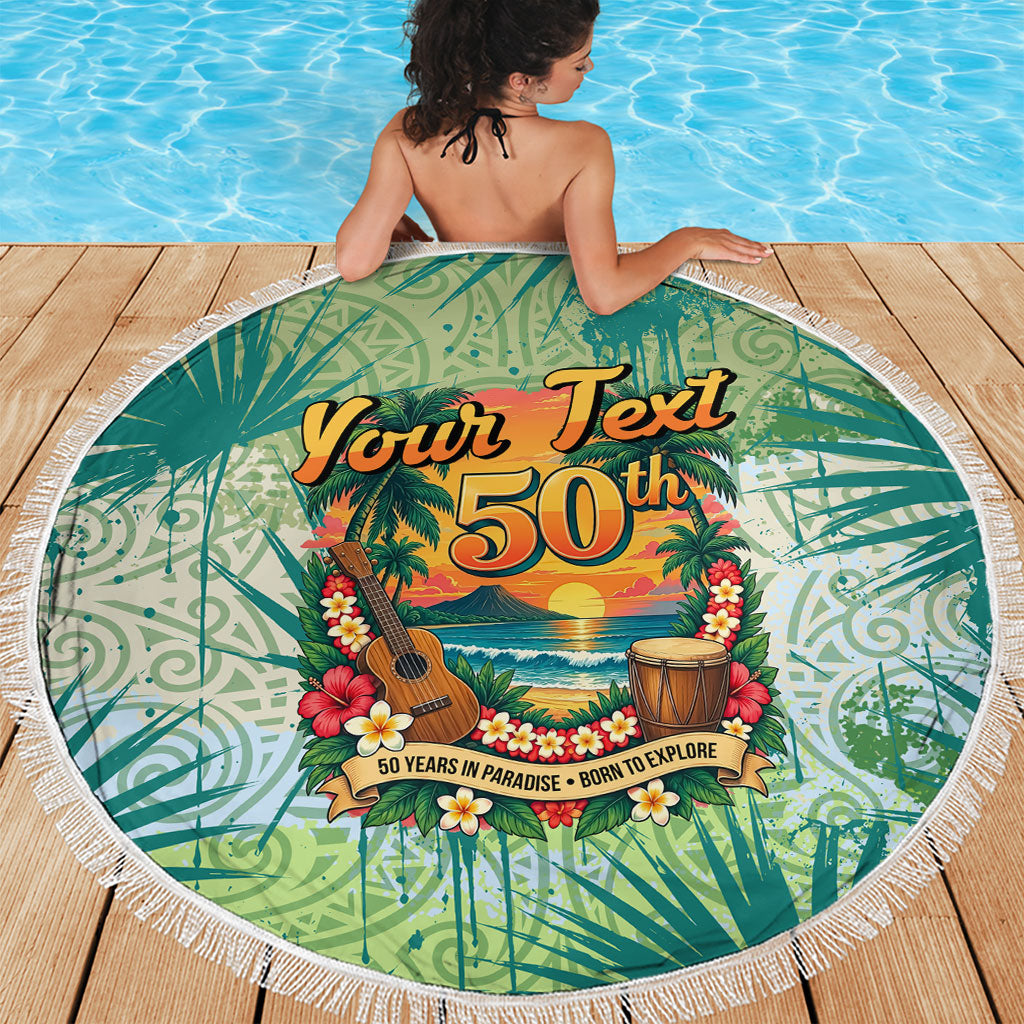 Personalized Polynesia 50th Birthday Beach Blanket Vintage Hawaiian Floral Ukulele Tropical Sunset Art
