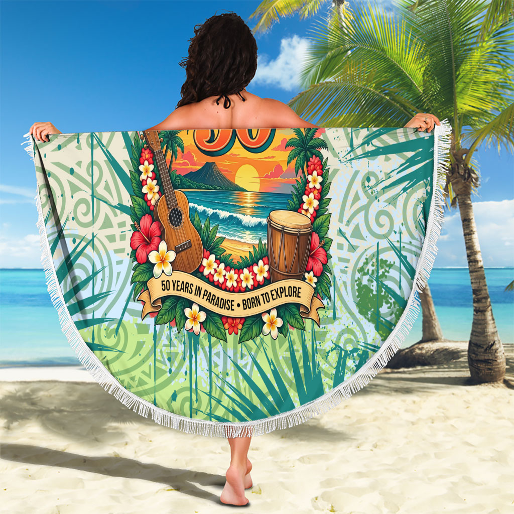 Personalized Polynesia 50th Birthday Beach Blanket Vintage Hawaiian Floral Ukulele Tropical Sunset Art