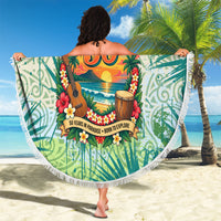Personalized Polynesia 50th Birthday Beach Blanket Vintage Hawaiian Floral Ukulele Tropical Sunset Art