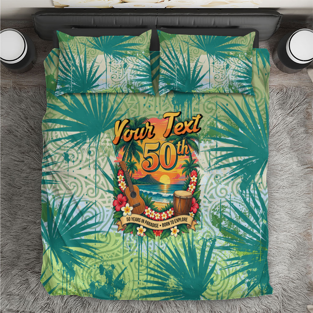 Personalized Polynesia 50th Birthday Bedding Set Vintage Hawaiian Floral Ukulele Tropical Sunset Art