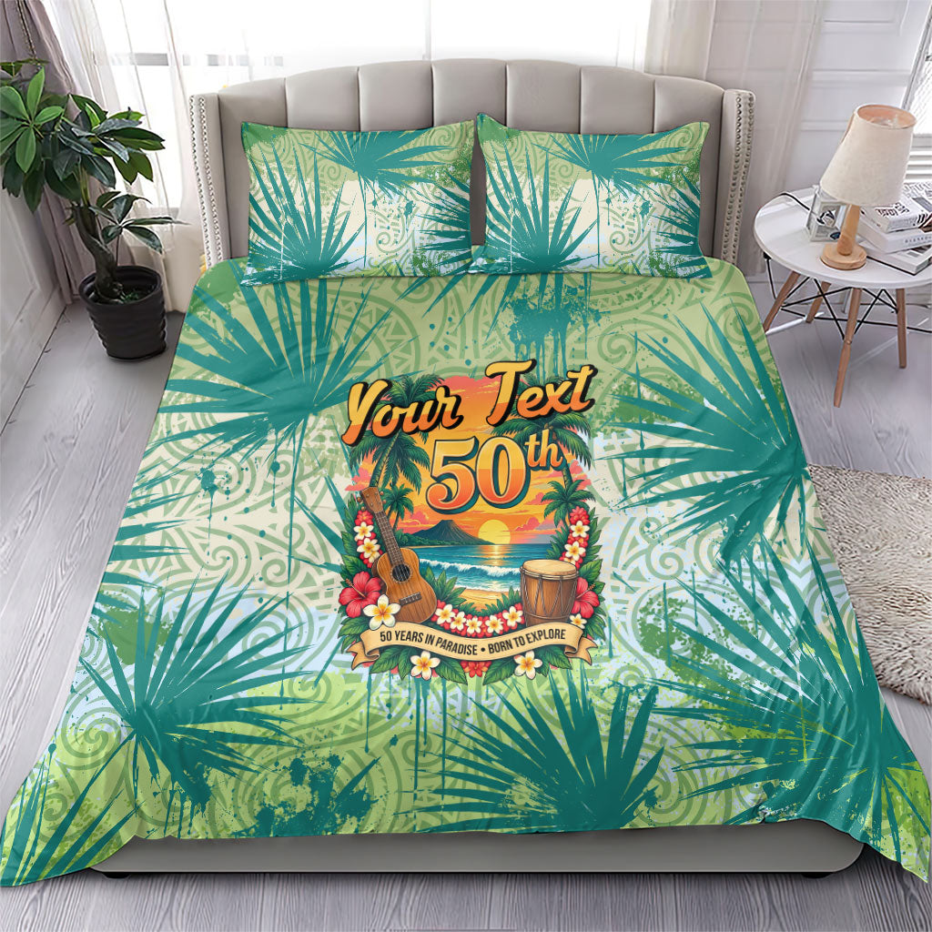 Personalized Polynesia 50th Birthday Bedding Set Vintage Hawaiian Floral Ukulele Tropical Sunset Art