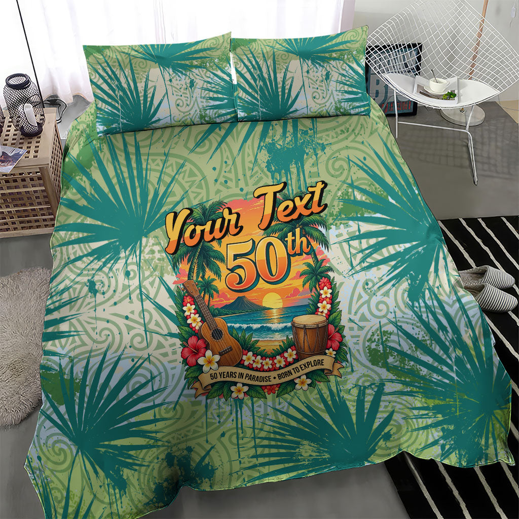 Personalized Polynesia 50th Birthday Bedding Set Vintage Hawaiian Floral Ukulele Tropical Sunset Art