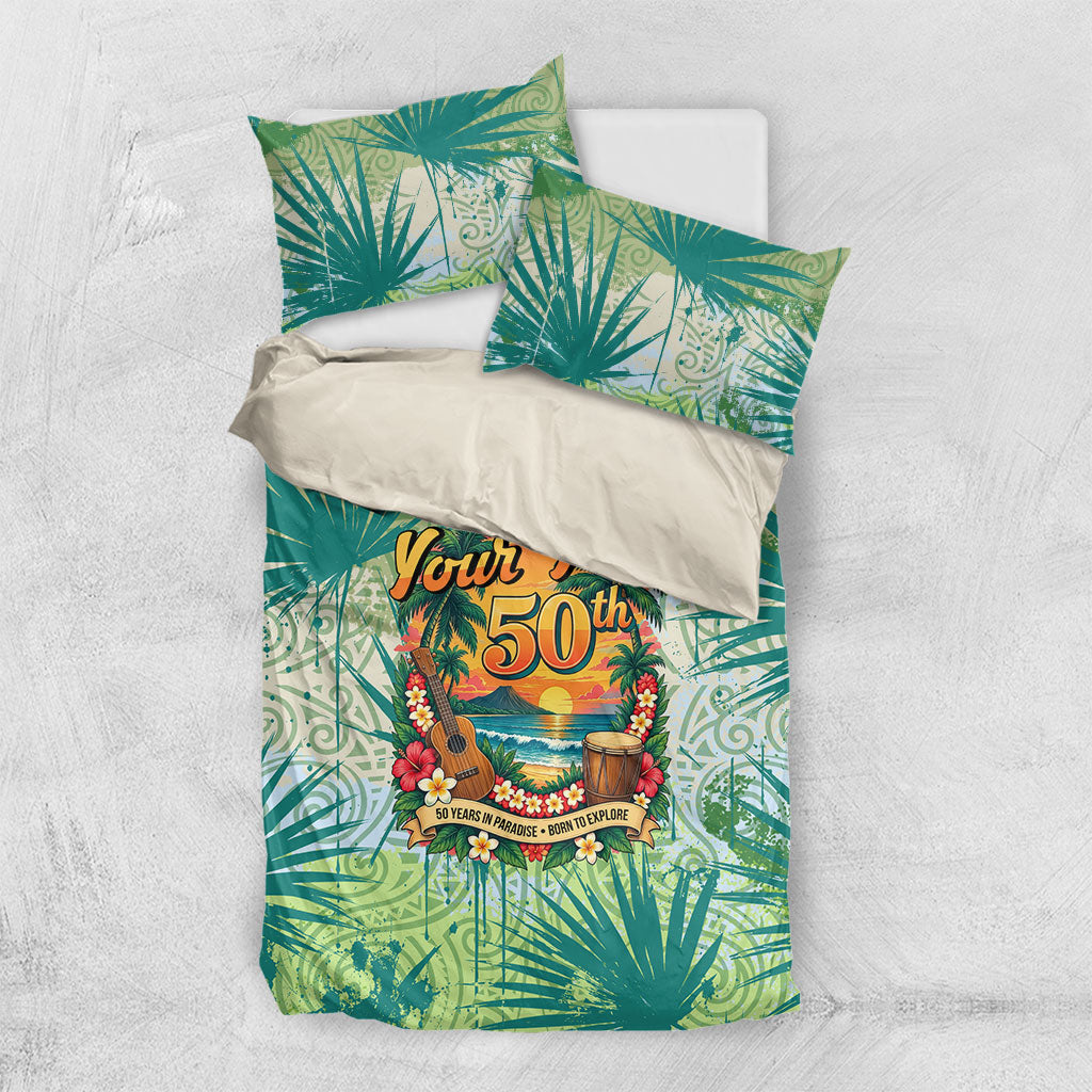 Personalized Polynesia 50th Birthday Bedding Set Vintage Hawaiian Floral Ukulele Tropical Sunset Art