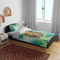 Personalized Polynesia 50th Birthday Bedding Set Vintage Hawaiian Floral Ukulele Tropical Sunset Art