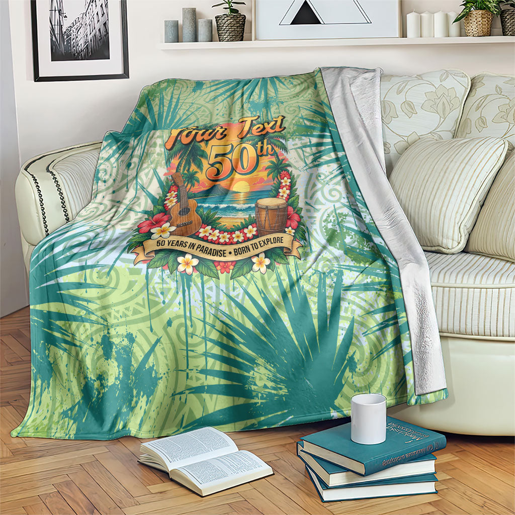 Personalized Polynesia 50th Birthday Blanket Vintage Hawaiian Floral Ukulele Tropical Sunset Art