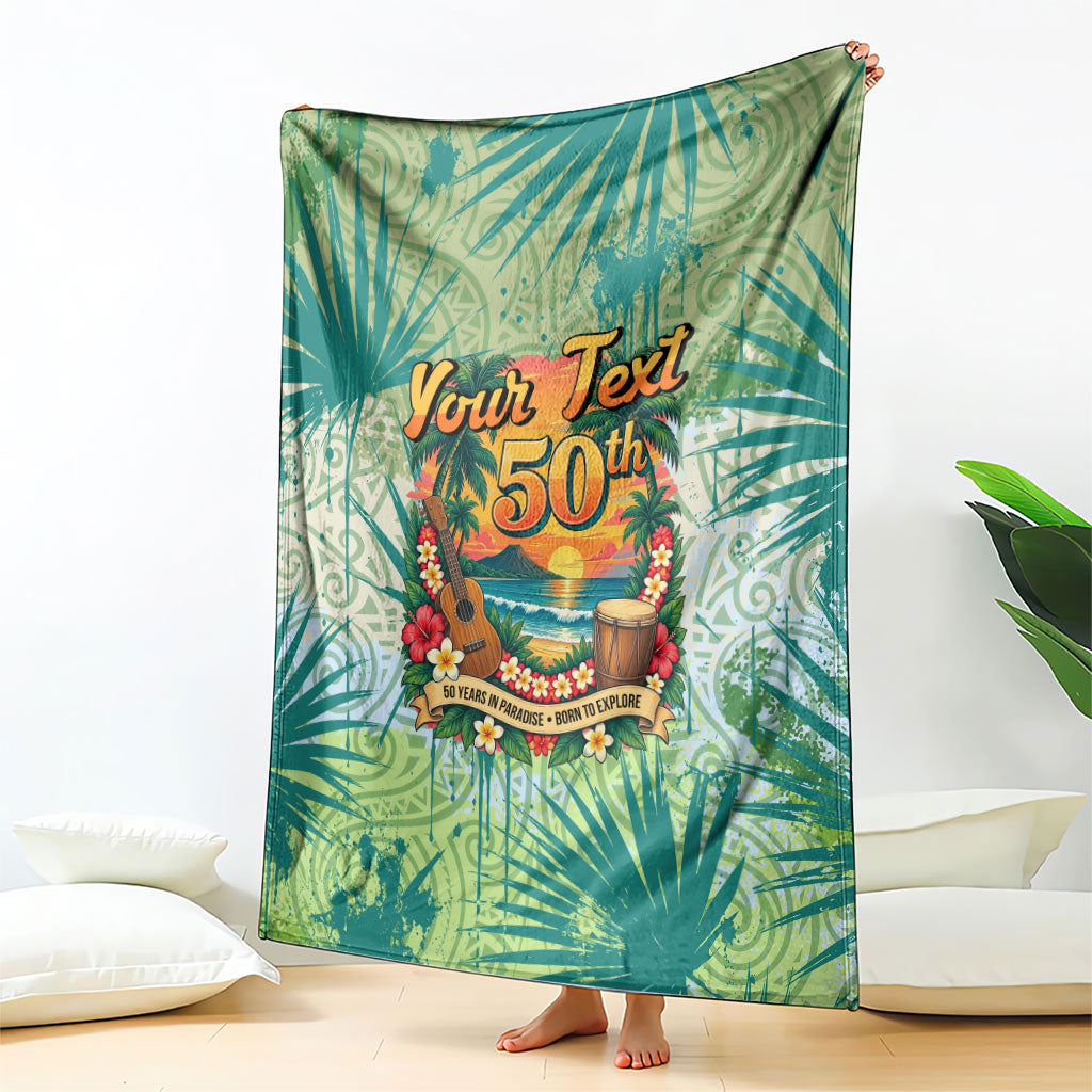 Personalized Polynesia 50th Birthday Blanket Vintage Hawaiian Floral Ukulele Tropical Sunset Art