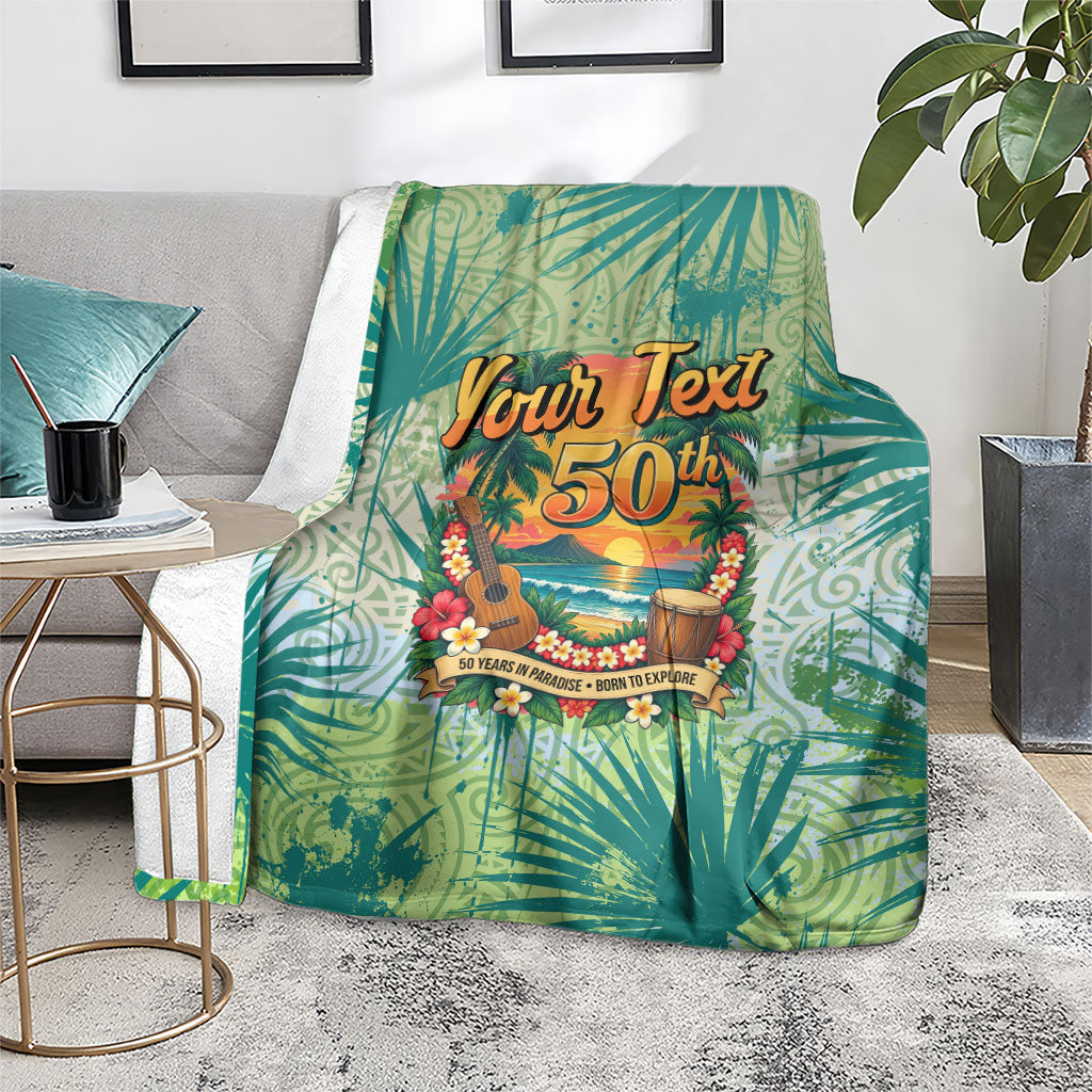 Personalized Polynesia 50th Birthday Blanket Vintage Hawaiian Floral Ukulele Tropical Sunset Art
