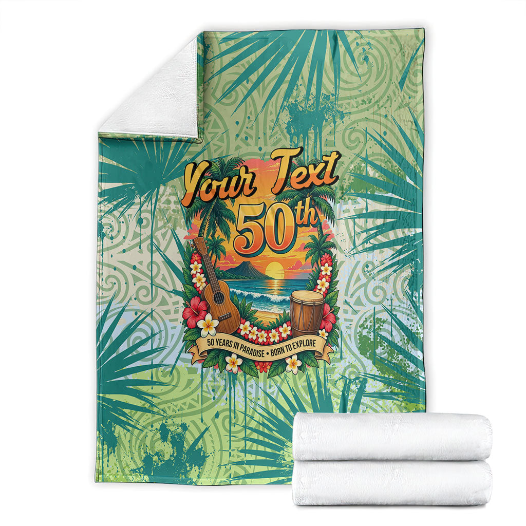 Personalized Polynesia 50th Birthday Blanket Vintage Hawaiian Floral Ukulele Tropical Sunset Art