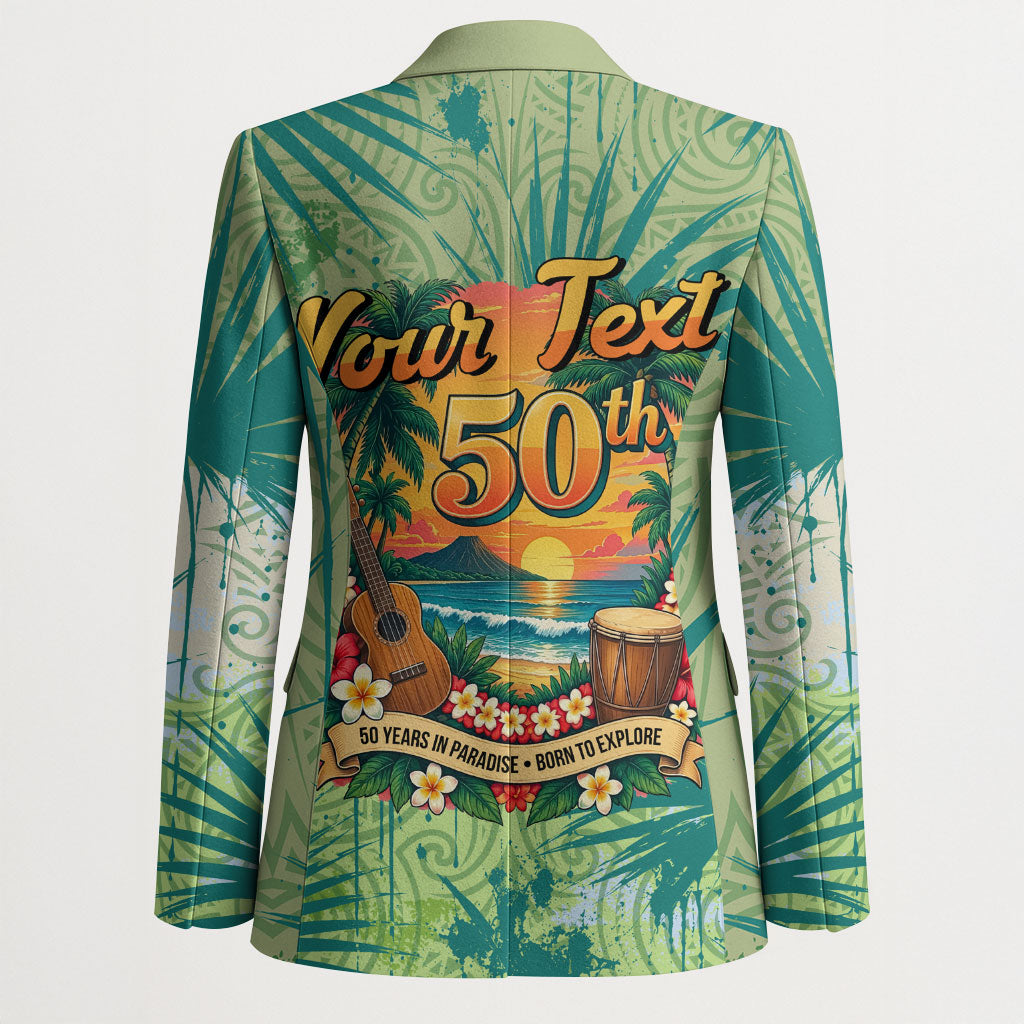 Personalized Polynesia 50th Birthday Blazer Vintage Hawaiian Floral Ukulele Tropical Sunset Art