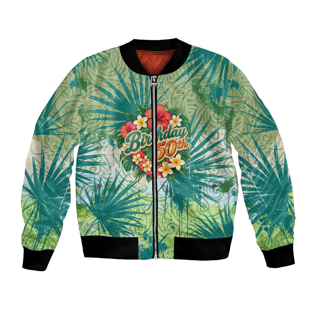 Personalized Polynesia 50th Birthday Bomber Jacket Vintage Hawaiian Floral Ukulele Tropical Sunset Art
