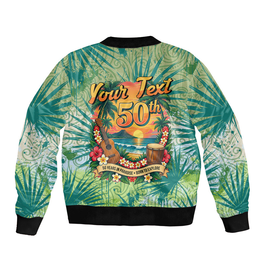 Personalized Polynesia 50th Birthday Bomber Jacket Vintage Hawaiian Floral Ukulele Tropical Sunset Art