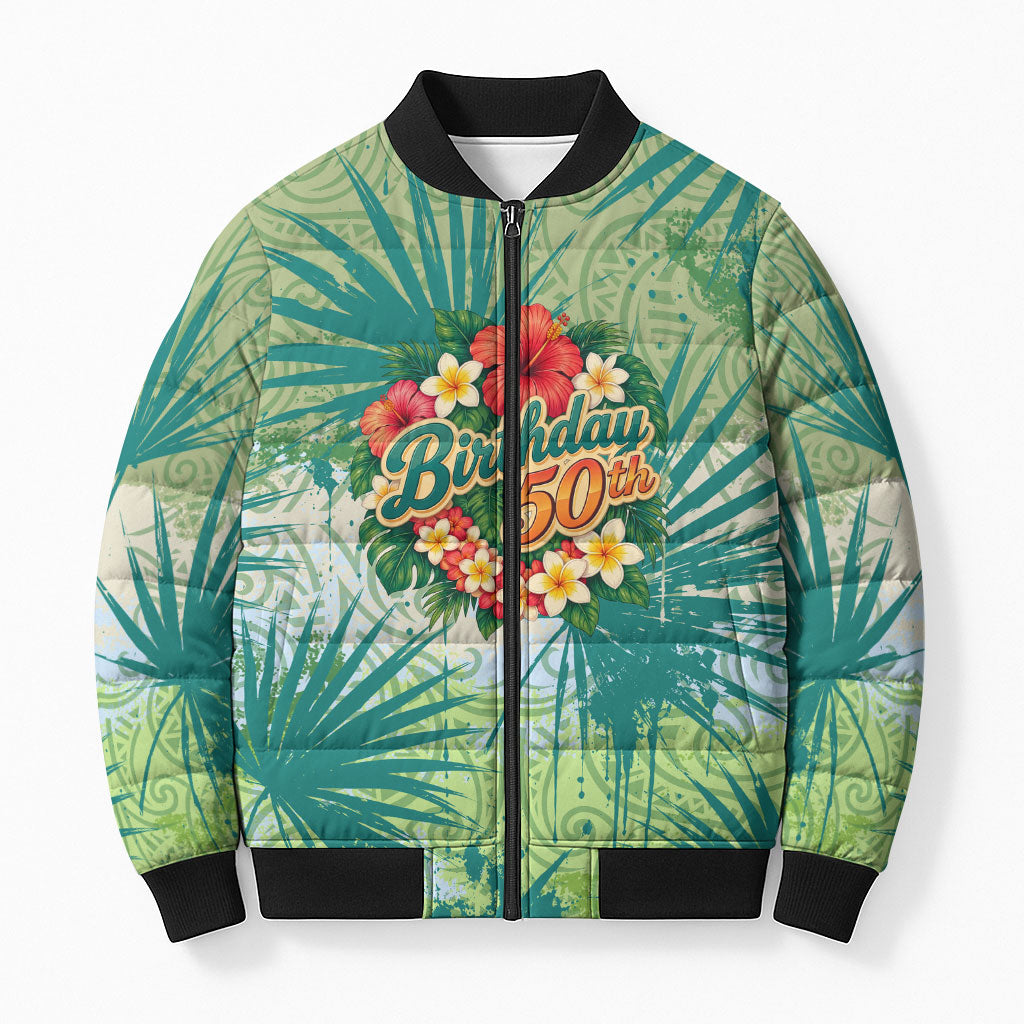 Personalized Polynesia 50th Birthday Bomber Puffer Jacket Vintage Hawaiian Floral Ukulele Tropical Sunset Art