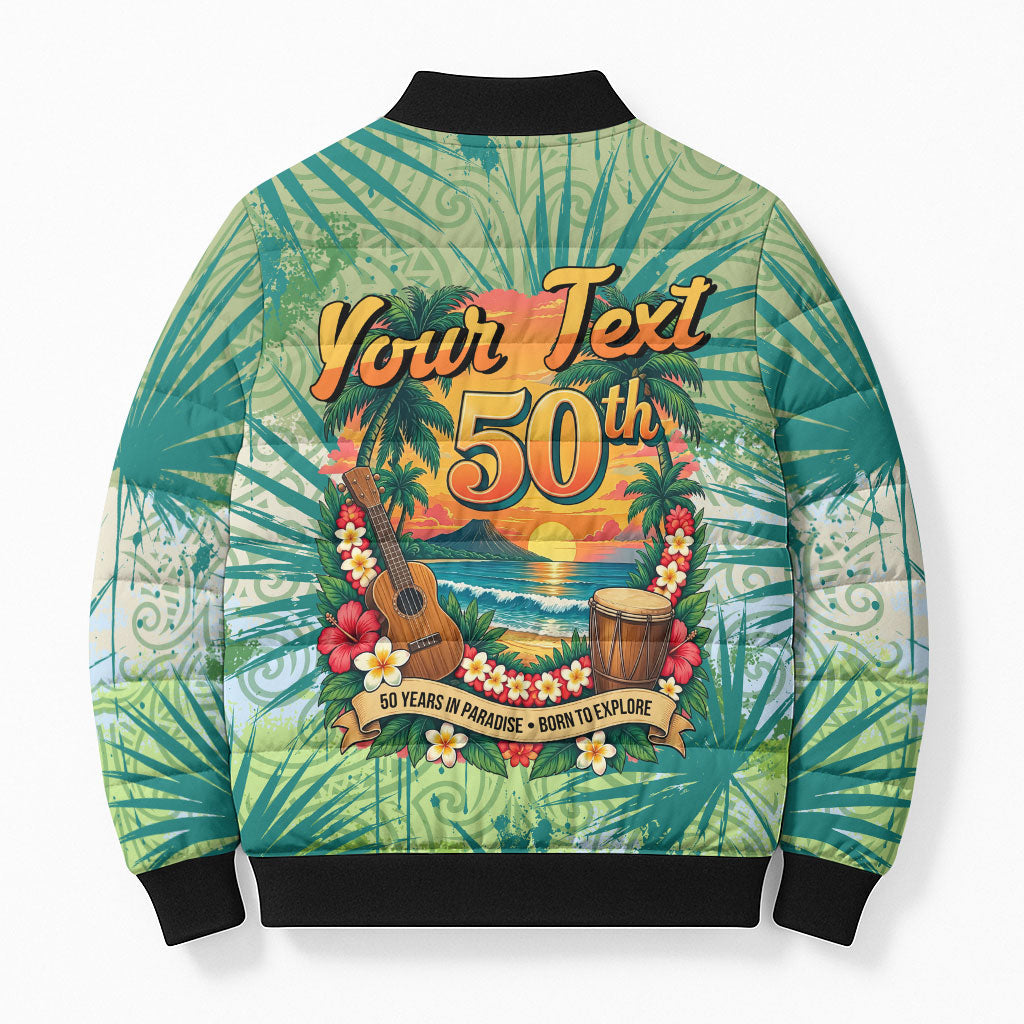 Personalized Polynesia 50th Birthday Bomber Puffer Jacket Vintage Hawaiian Floral Ukulele Tropical Sunset Art