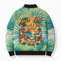 Personalized Polynesia 50th Birthday Bomber Puffer Jacket Vintage Hawaiian Floral Ukulele Tropical Sunset Art
