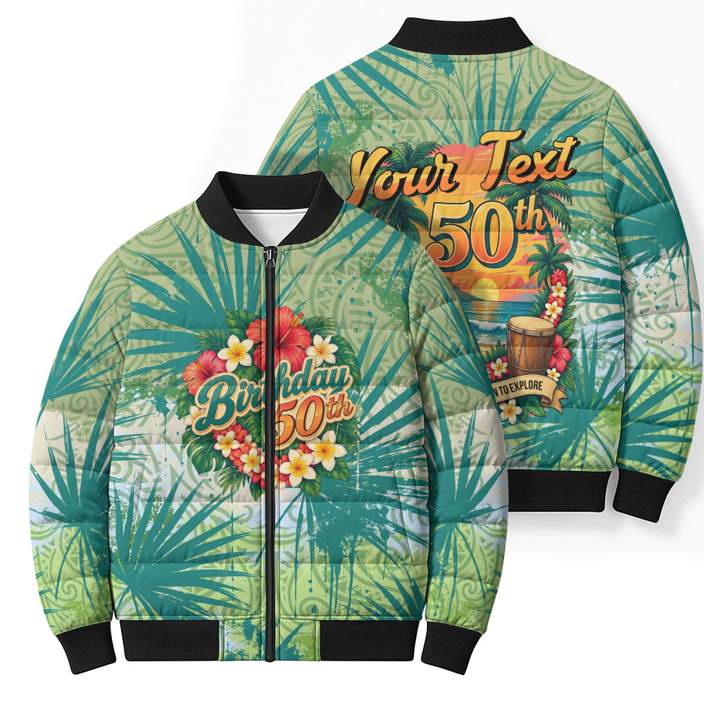 Personalized Polynesia 50th Birthday Bomber Puffer Jacket Vintage Hawaiian Floral Ukulele Tropical Sunset Art