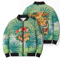 Personalized Polynesia 50th Birthday Bomber Puffer Jacket Vintage Hawaiian Floral Ukulele Tropical Sunset Art