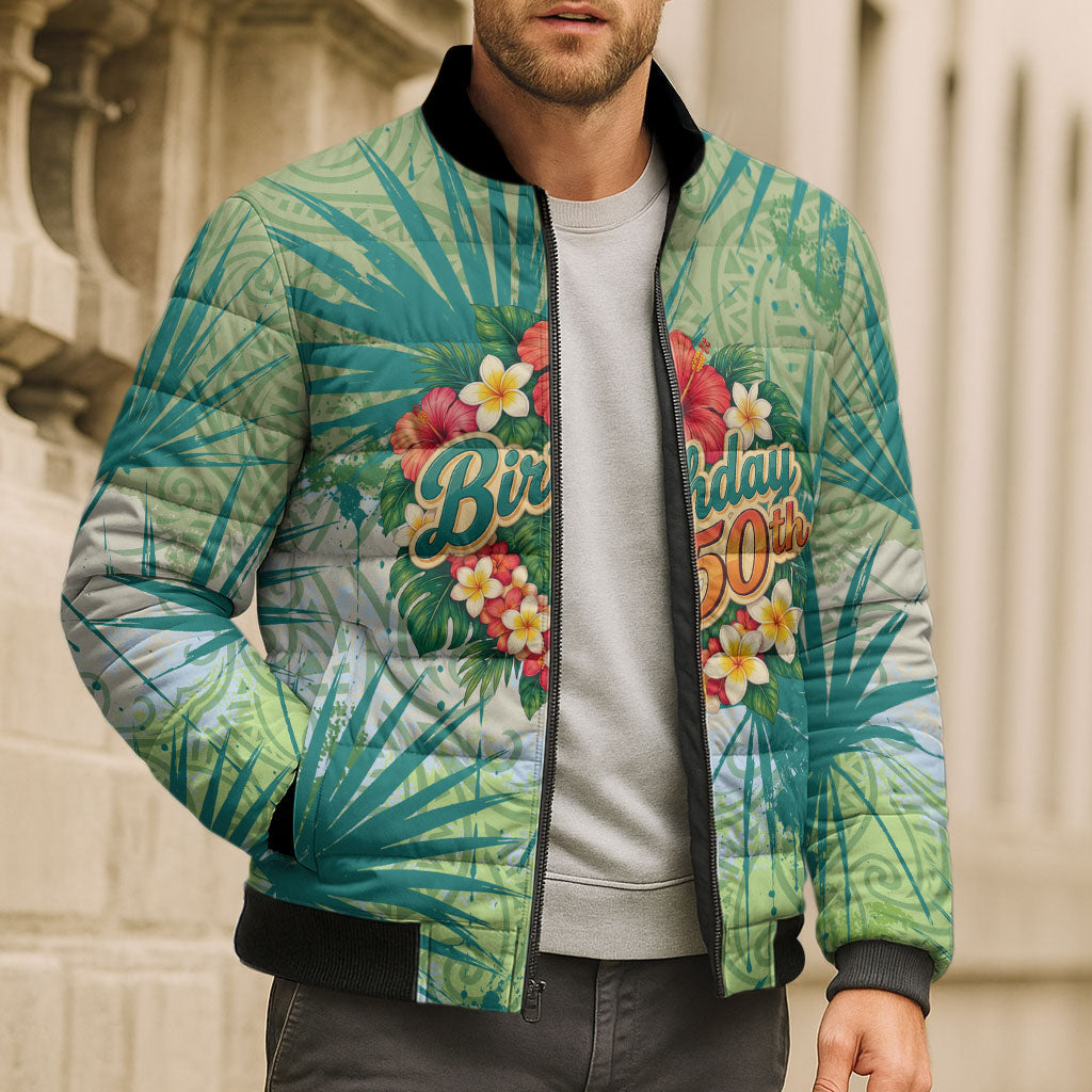 Personalized Polynesia 50th Birthday Bomber Puffer Jacket Vintage Hawaiian Floral Ukulele Tropical Sunset Art
