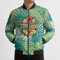 Personalized Polynesia 50th Birthday Bomber Puffer Jacket Vintage Hawaiian Floral Ukulele Tropical Sunset Art