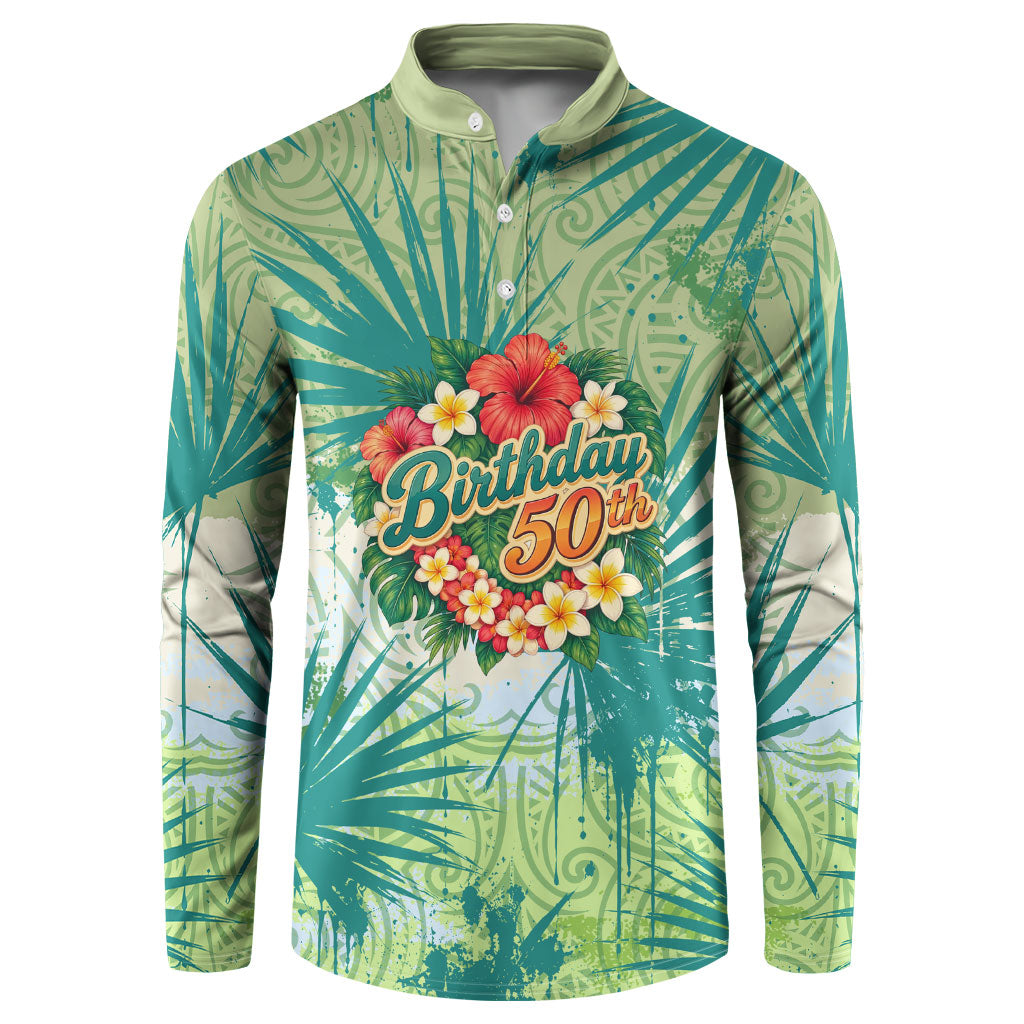 Personalized Polynesia 50th Birthday Button Sweatshirt Vintage Hawaiian Floral Ukulele Tropical Sunset Art