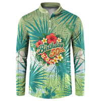 Personalized Polynesia 50th Birthday Button Sweatshirt Vintage Hawaiian Floral Ukulele Tropical Sunset Art