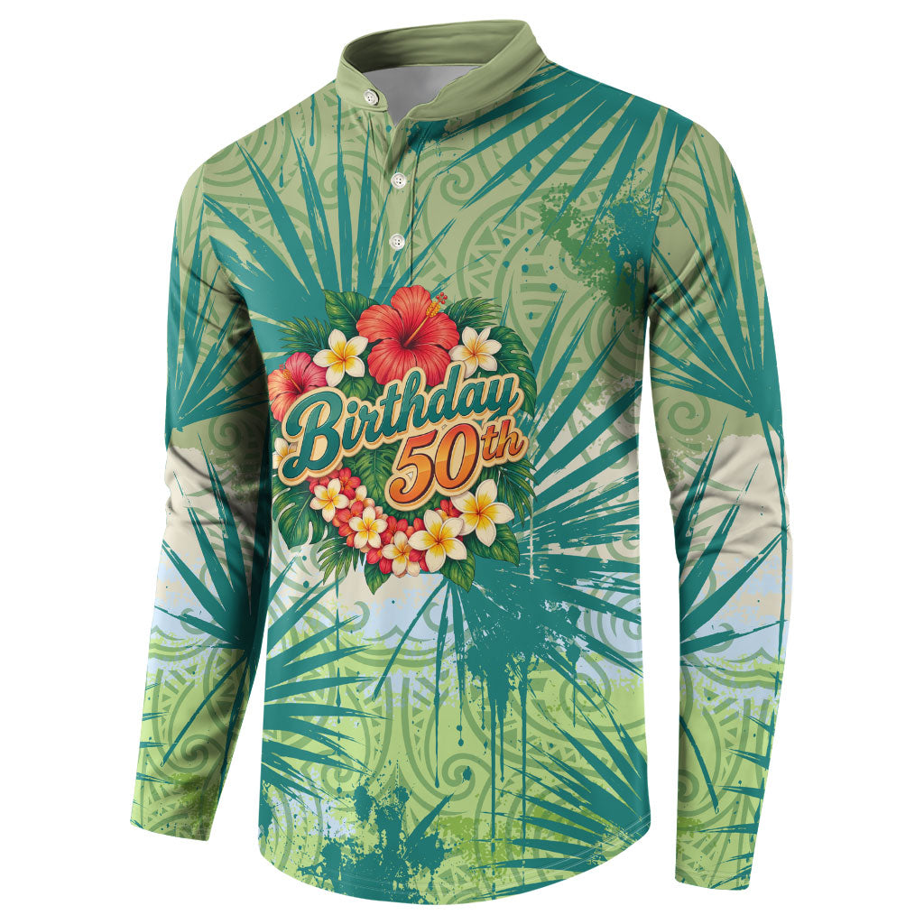 Personalized Polynesia 50th Birthday Button Sweatshirt Vintage Hawaiian Floral Ukulele Tropical Sunset Art