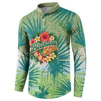 Personalized Polynesia 50th Birthday Button Sweatshirt Vintage Hawaiian Floral Ukulele Tropical Sunset Art