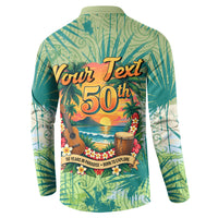 Personalized Polynesia 50th Birthday Button Sweatshirt Vintage Hawaiian Floral Ukulele Tropical Sunset Art