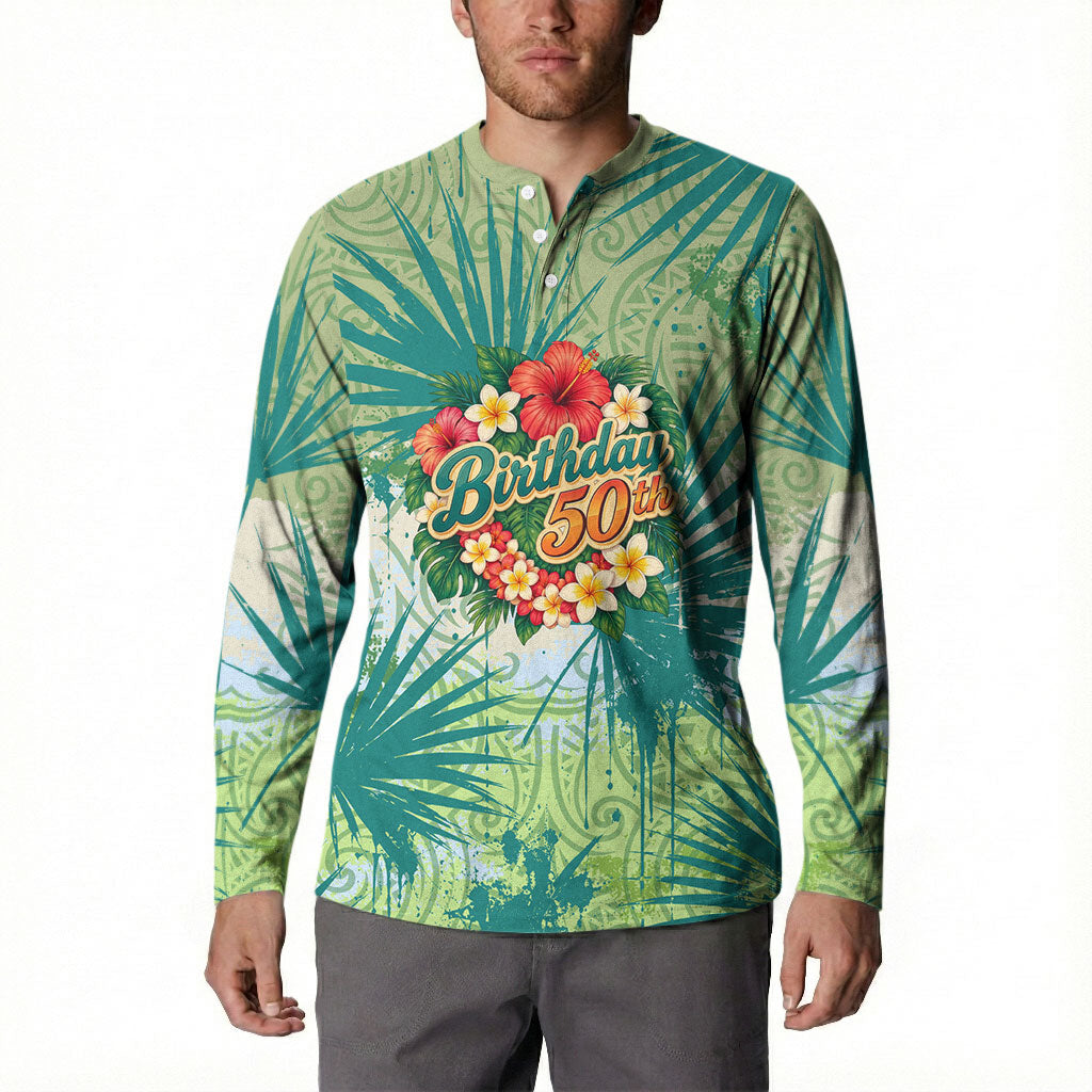 Personalized Polynesia 50th Birthday Button Sweatshirt Vintage Hawaiian Floral Ukulele Tropical Sunset Art