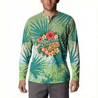 Personalized Polynesia 50th Birthday Button Sweatshirt Vintage Hawaiian Floral Ukulele Tropical Sunset Art