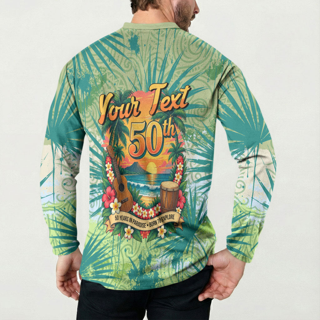 Personalized Polynesia 50th Birthday Button Sweatshirt Vintage Hawaiian Floral Ukulele Tropical Sunset Art