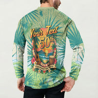 Personalized Polynesia 50th Birthday Button Sweatshirt Vintage Hawaiian Floral Ukulele Tropical Sunset Art