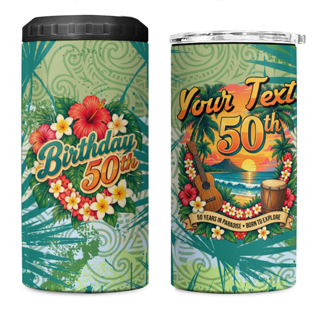 Personalized Polynesia 50th Birthday 4 in 1 Can Cooler Tumbler Vintage Hawaiian Floral Ukulele Tropical Sunset Art