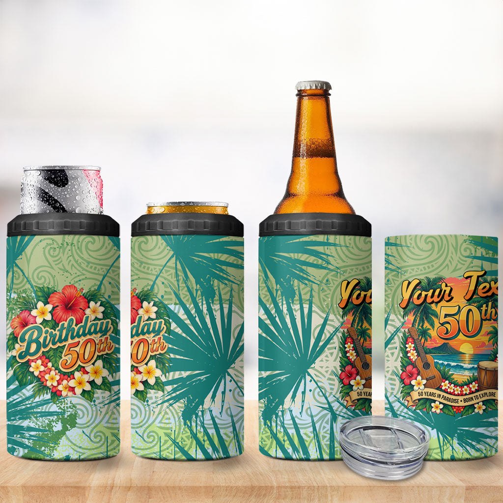 Personalized Polynesia 50th Birthday 4 in 1 Can Cooler Tumbler Vintage Hawaiian Floral Ukulele Tropical Sunset Art TS04 - Polynesian Pride