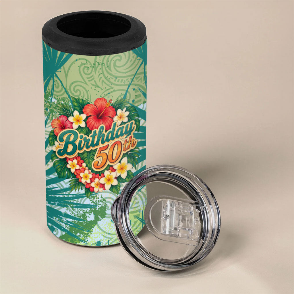 Personalized Polynesia 50th Birthday 4 in 1 Can Cooler Tumbler Vintage Hawaiian Floral Ukulele Tropical Sunset Art TS04 - Polynesian Pride