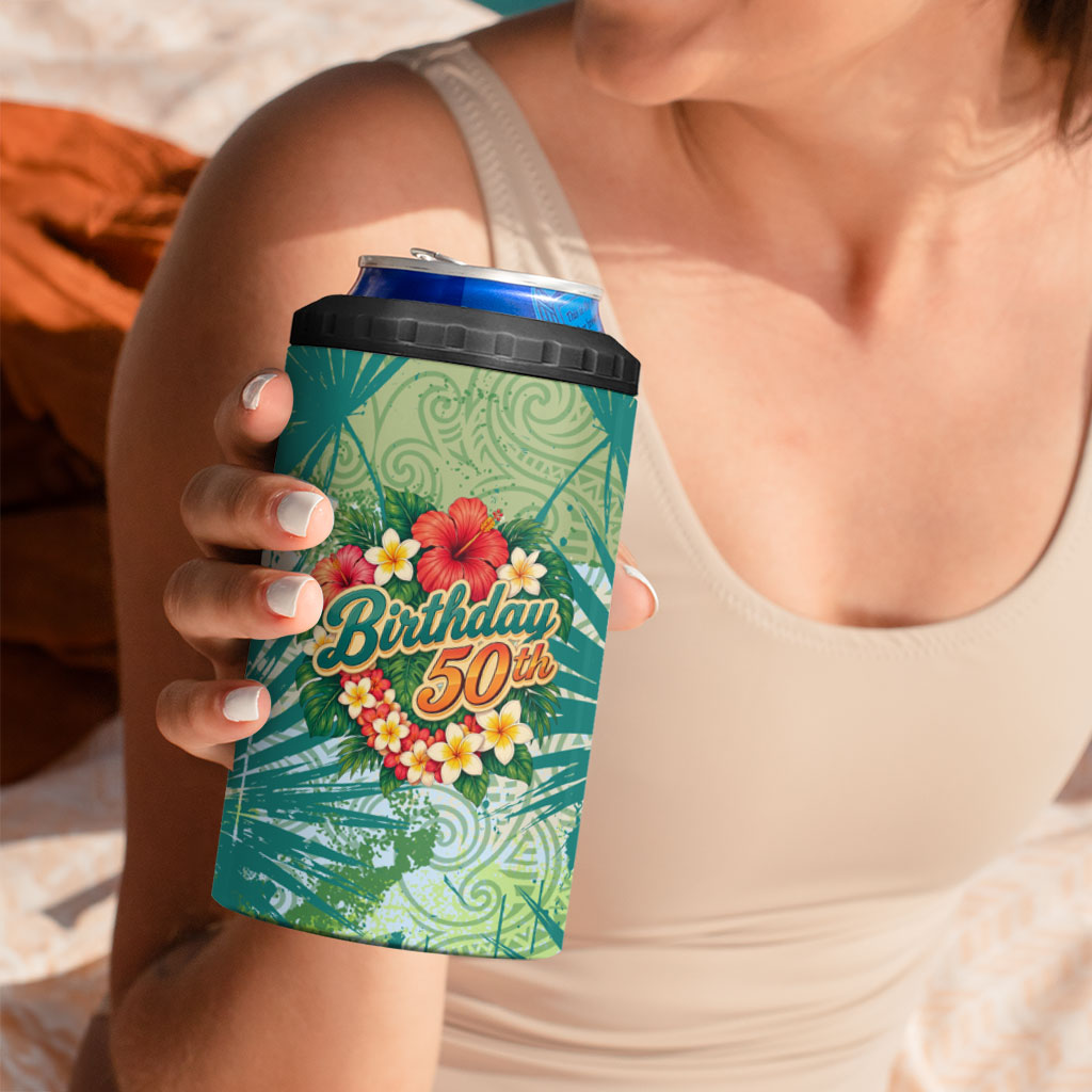 Personalized Polynesia 50th Birthday 4 in 1 Can Cooler Tumbler Vintage Hawaiian Floral Ukulele Tropical Sunset Art TS04 - Polynesian Pride