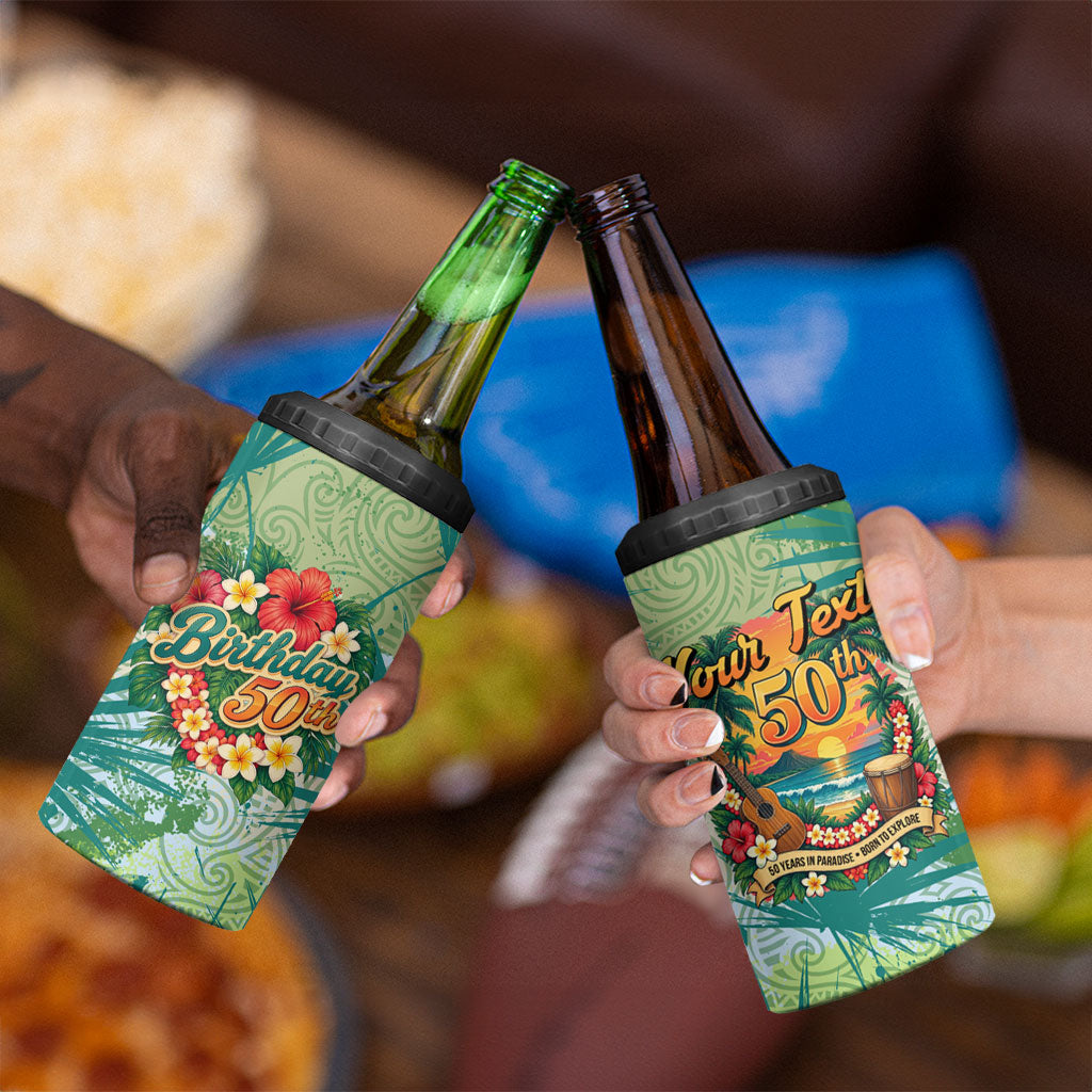 Personalized Polynesia 50th Birthday 4 in 1 Can Cooler Tumbler Vintage Hawaiian Floral Ukulele Tropical Sunset Art TS04 - Polynesian Pride