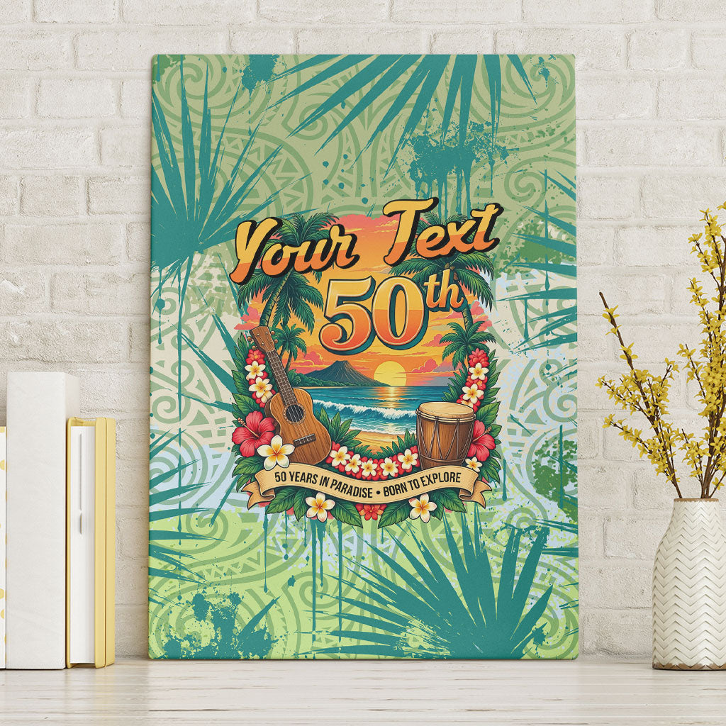 Personalized Polynesia 50th Birthday Canvas Wall Art Vintage Hawaiian Floral Ukulele Tropical Sunset Art