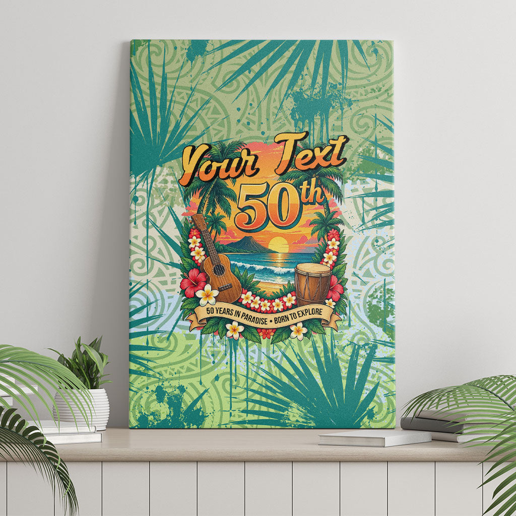 Personalized Polynesia 50th Birthday Canvas Wall Art Vintage Hawaiian Floral Ukulele Tropical Sunset Art