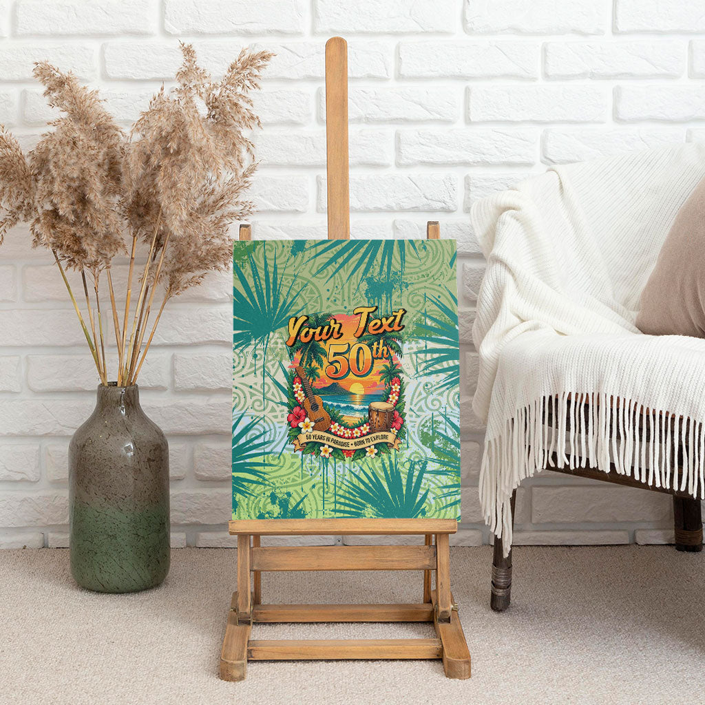 Personalized Polynesia 50th Birthday Canvas Wall Art Vintage Hawaiian Floral Ukulele Tropical Sunset Art