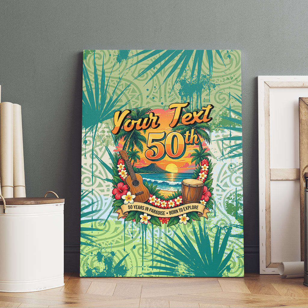 Personalized Polynesia 50th Birthday Canvas Wall Art Vintage Hawaiian Floral Ukulele Tropical Sunset Art