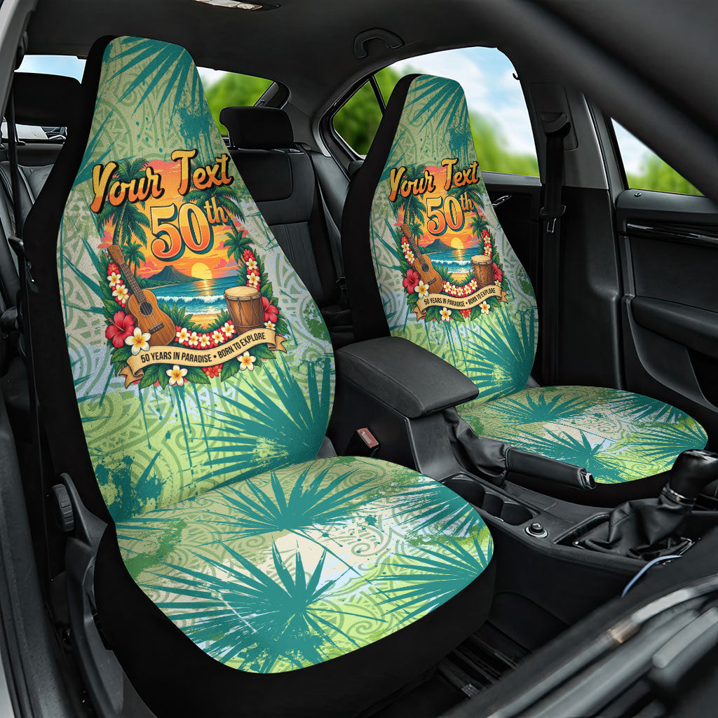 Personalized Polynesia 50th Birthday Car Seat Cover Vintage Hawaiian Floral Ukulele Tropical Sunset Art