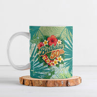 Personalized Polynesia 50th Birthday Ceramic Mug Vintage Hawaiian Floral Ukulele Tropical Sunset Art