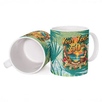 Personalized Polynesia 50th Birthday Ceramic Mug Vintage Hawaiian Floral Ukulele Tropical Sunset Art