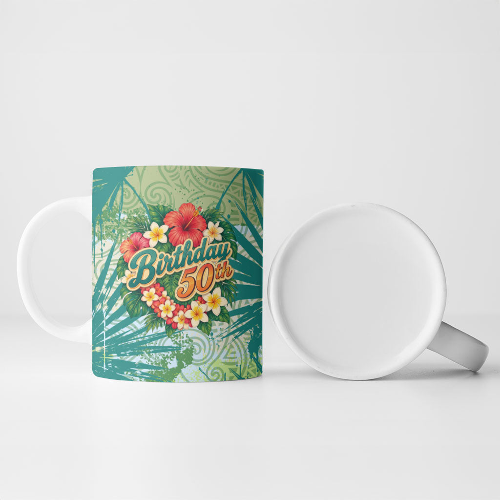 Personalized Polynesia 50th Birthday Ceramic Mug Vintage Hawaiian Floral Ukulele Tropical Sunset Art