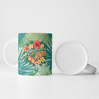 Personalized Polynesia 50th Birthday Ceramic Mug Vintage Hawaiian Floral Ukulele Tropical Sunset Art