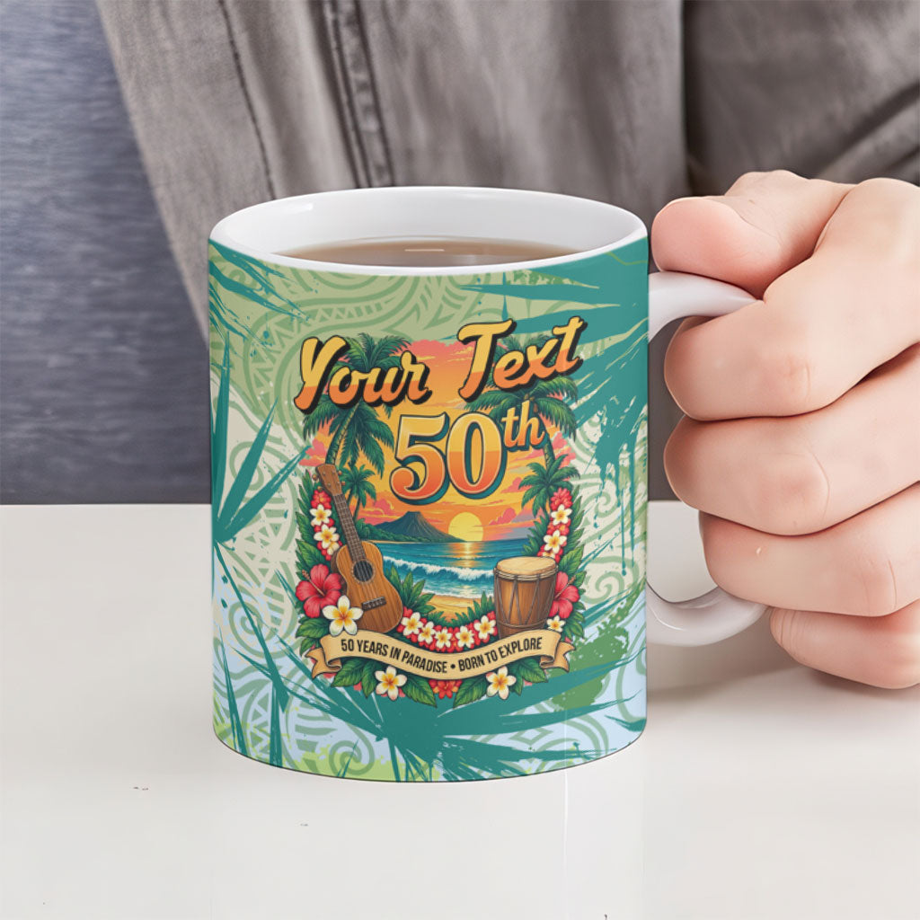 Personalized Polynesia 50th Birthday Ceramic Mug Vintage Hawaiian Floral Ukulele Tropical Sunset Art
